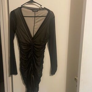 Black Mesh Ruched Dress by
